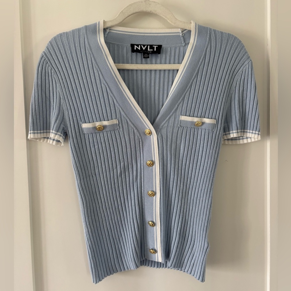 NVLT ribbed short sleeve cardigan sweater blue with gold buttons XS